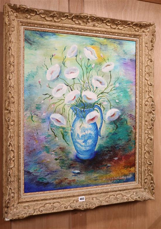William Earl Singer (1910-1985), oil on canvas, still life of white poppies in a jug, signed and inscribed Corsica, 72 x 58.5cm